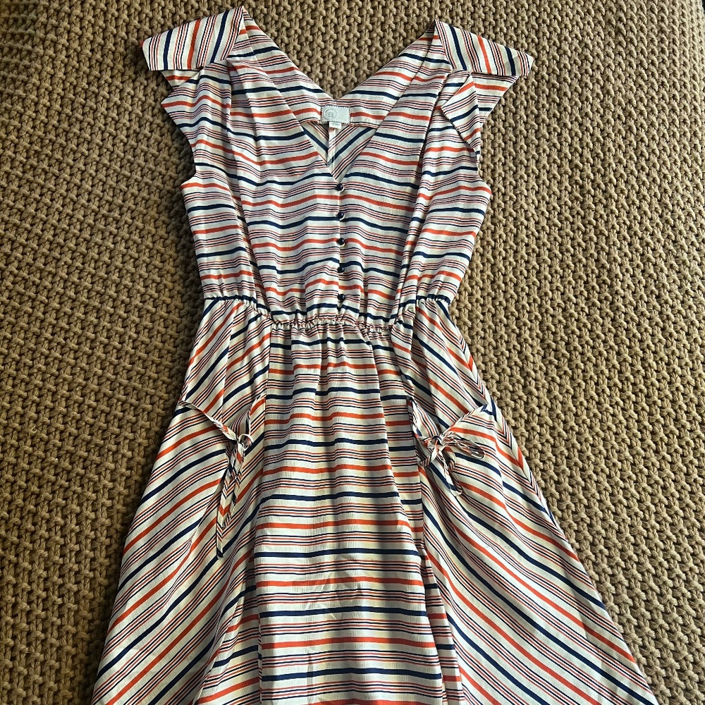 Anthropologie Postmark 100% Silk Red Blue Striped Midi Dress with Pockets size 4